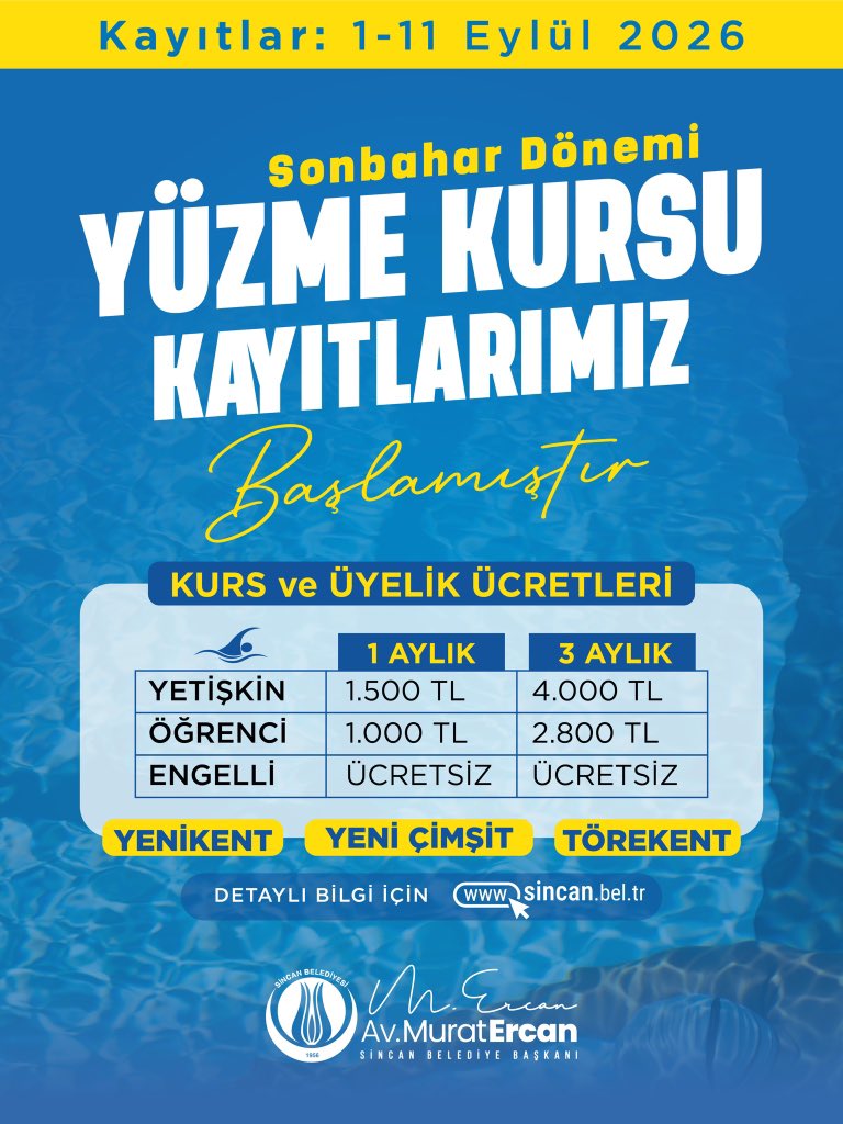 ankarasincanbld's tweet photo. Yüzme öğrenmek, yüzmekten daha fazlası; sağlıklı ve aktif bir yaşamın ilk adımı 🏊‍♀️ 

Sincan Belediyesi olarak çocuklarımızdan yetişkinlerimize, engelli bireylerimizden öğrencilerimize kadar herkes için yüzme kurslarımızda yeni dönem kayıtlarını başlatıyoruz. 💙

💳 Öğrenci ve yetişkinlere özel ücret seçenekleri, engelli bireylerimize ise ücretsiz yüzme eğitimi imkânı sunuyoruz.

📅 Kayıt Tarihleri: 1-11 Eylül 2026
📍 Yenikent | Yeni Çimşit | Törekent 

Detaylı bilgi ve kayıt için: https://t.co/maQ58qanaS