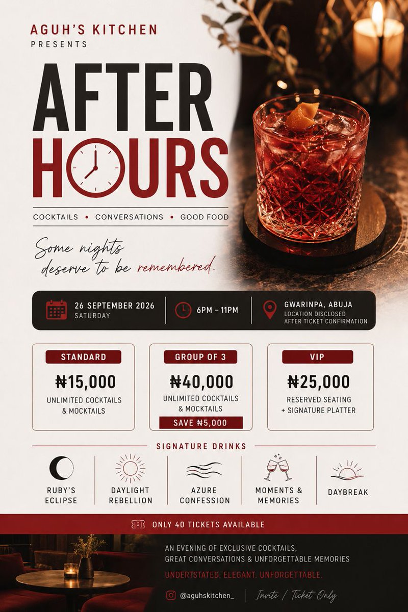 Aicbsummit's tweet photo. Aguh's Kitchen presents AFTER HOURS, an intimate Abuja evening built around good food, great conversation and moments worth holding onto.

📍 Gwarinpa, Abuja
📅 26 Sept. 2026 | 6PM – 11PM
🎟️ Only 40 tickets available

DM @aguhskitchen_ on Instagram for enquiries and reservations. https://t.co/Dr1g2wcYGY