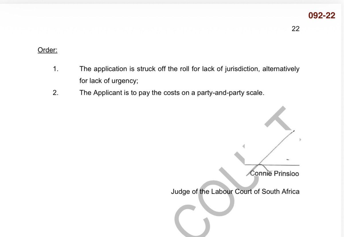 Abramjee's tweet photo. BREAKING NEWS:

Maj Gen Firoz Khan has lost his Labour Court application.

The latest court  matter was heard on 25 and 26 August, and judgment has been handed down. 

His urgent application was struck from the roll, and POPCRU, acting on his behalf, was ordered to pay the costs. https://t.co/TKGG55c5Zo