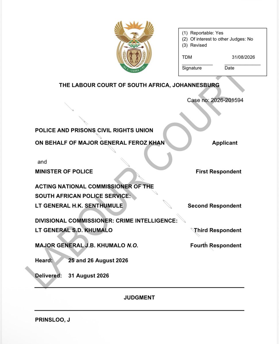 Abramjee's tweet photo. BREAKING NEWS:

Maj Gen Firoz Khan has lost his Labour Court application.

The latest court  matter was heard on 25 and 26 August, and judgment has been handed down. 

His urgent application was struck from the roll, and POPCRU, acting on his behalf, was ordered to pay the costs. https://t.co/TKGG55c5Zo