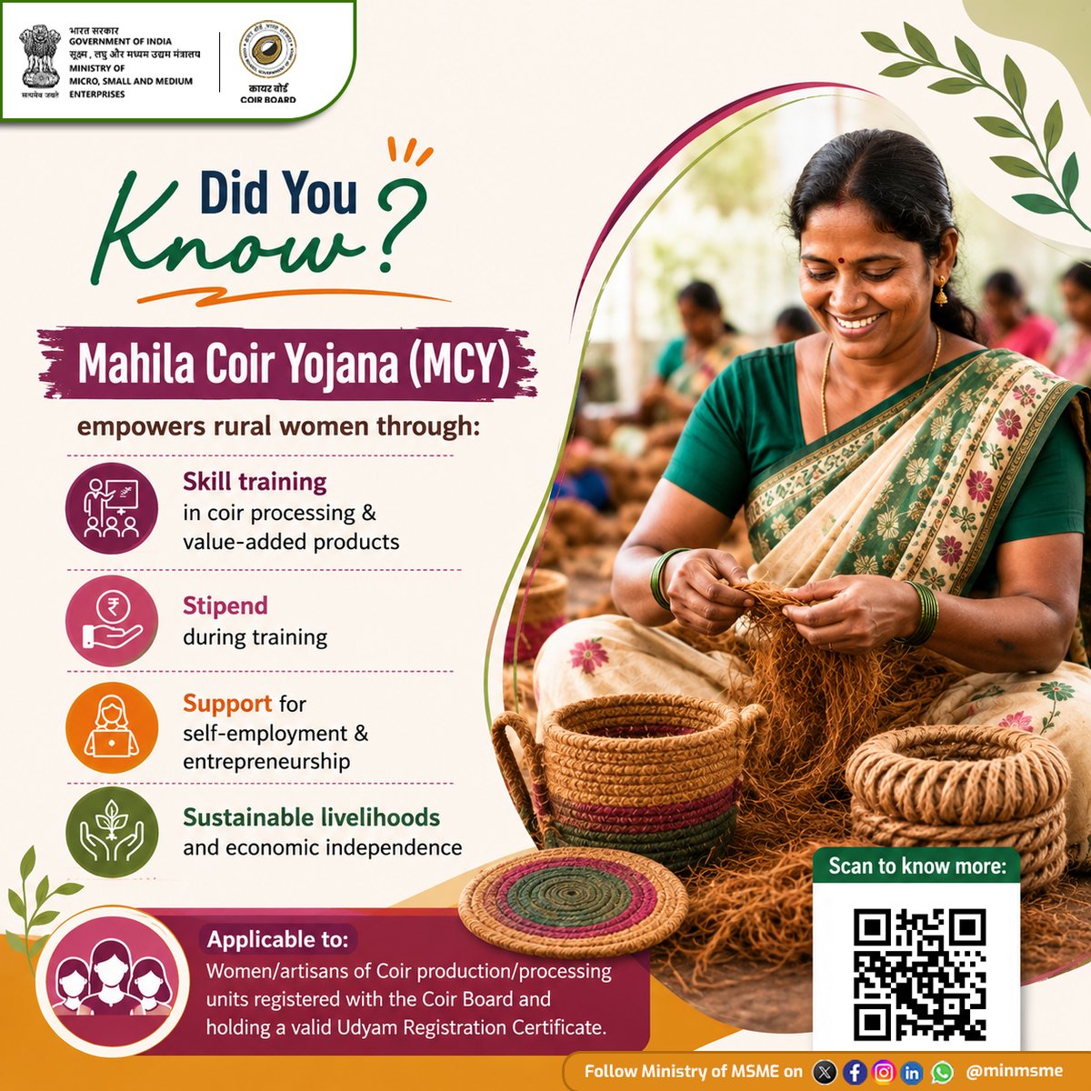 minmsme's tweet photo. Mahila Coir Yojana — Empowering women, enabling entrepreneurship, building sustainable livelihoods.

#UdyamiBharatViksitBharat #MSME #entrepreneur #employment #empowerment https://t.co/14Qj65IGSB