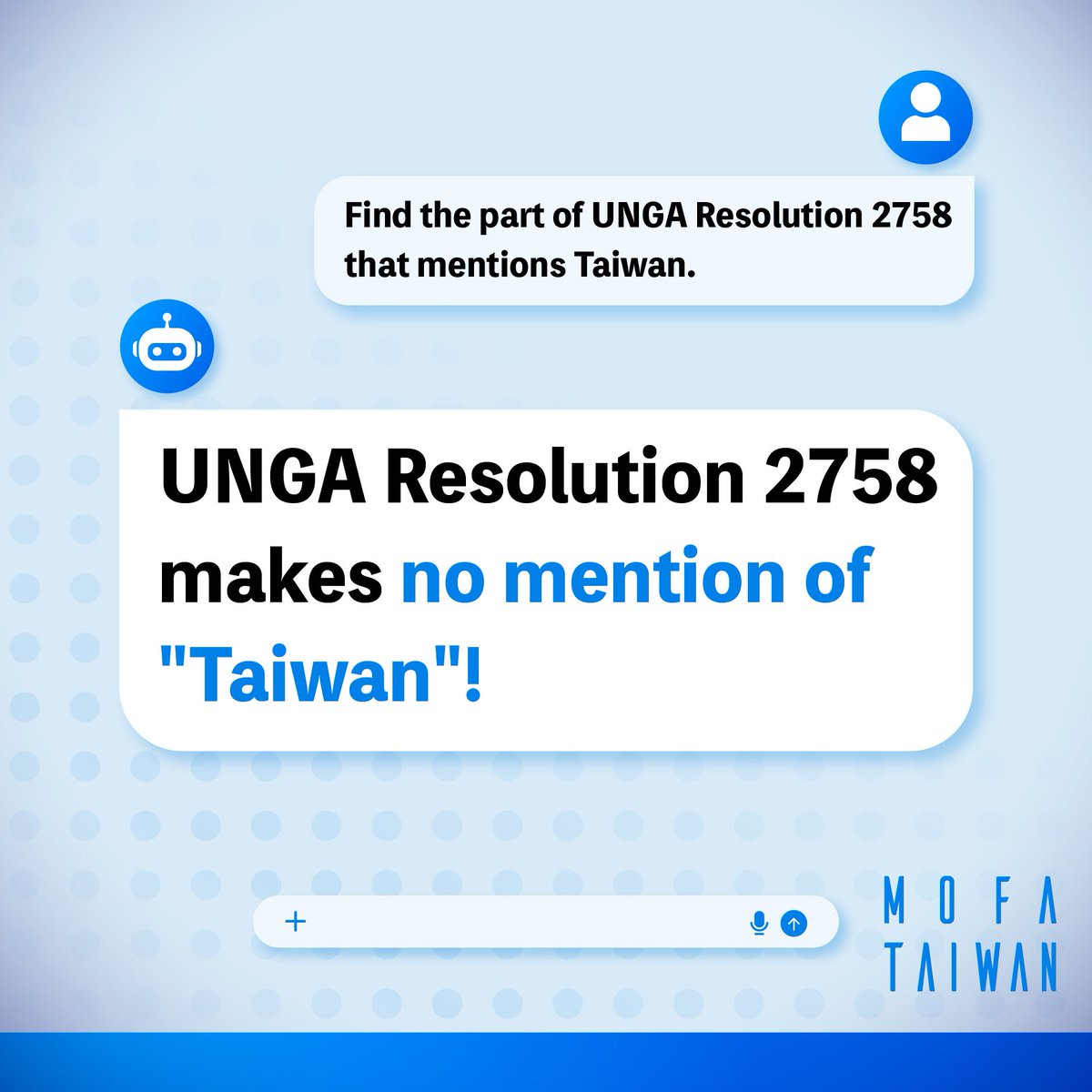bectmyul's tweet photo. Taiwan est l’un des rares pays dans le monde qui ne peut pas participer à l’Organisation des Nations-Unies depuis 1971.  La résolution de l’Assemblée générale No 2758 est utilisée à tort et empêche l’ONU d’accomplir sa mission. Il est temps d’agir.

Ministry of Foreign Affairs, ROC (Taiwan) 🇹🇼 on X: "Ask AI. Read the text. Check it yourself. UNGA Resolution 2758 makes no mention of #Taiwan🇹🇼. It must not be misinterpreted or misused to justify Taiwan’s exclusion from the #UN system or deny our 23 million people a voice. #ChipInWithTaiwan, because every voice matters. https://t.co/4If4uGe76R" / X