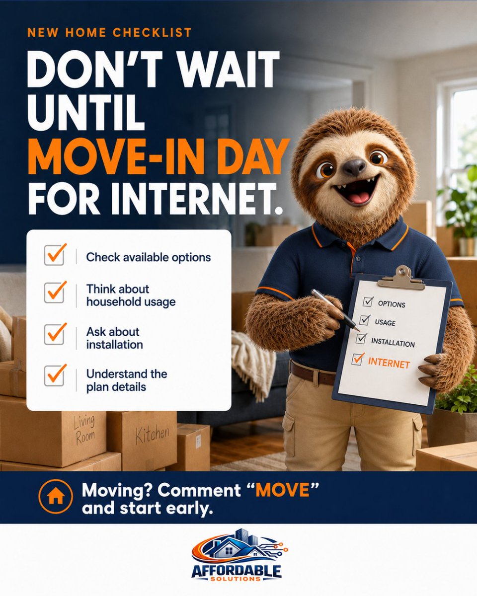 Affordable43652's tweet photo. Moving Soon? Get Your Internet Plan Ready Early

📷 (850) 660-7494
📷 admin@affordablesolutions.org
📷 https://t.co/6gg5EtYZxA

#AffordableSolutions #MovingSoon #NewHomeChecklist #MovingTips #HomeInternet #NewHome https://t.co/IqGLO9U8xx
