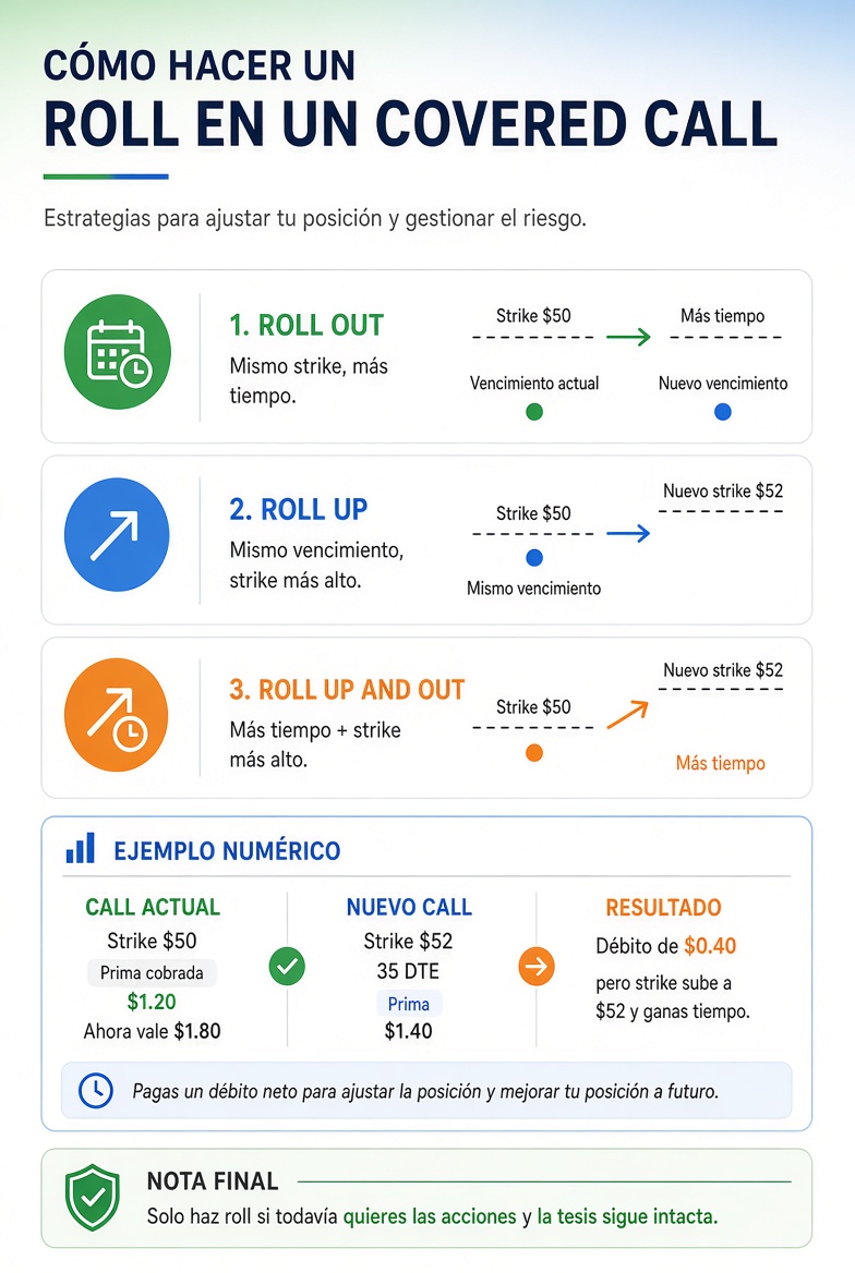 OpcionesMarket's tweet photo. Qué es un Roll:

Cierras el Call actual (o sea, lo compras) y vendes uno nuevo.

Hay 3 tipos:

1. Roll out → mismo strike, más tiempo

2. Roll up → mismo vencimiento, strike más alto
3. Roll up and out → más tiempo + strike más alto

Ejemplo:
Tienes un Call $50 que cobraste a $1.20
Hoy vale $1.80 (vas perdiendo $0.60)
Haces roll al Call $52 de 35 DTE y cobras $1.40

Resultado:
Pagas $1.80 por cerrar + cobras $1.40 del nuevo = débito de $0.40
Pero ahora tu strike subió a $52 y tienes más tiempo.