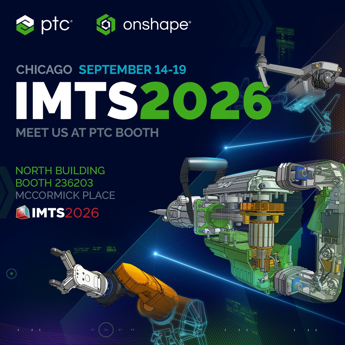 Onshape's tweet photo. 🤝 September Onshape Events (Part 1)

💻 9/10 - Mastering PDM in Onshape (Virtual) 🔗 https://t.co/RptqHccjVV

🗓️ 9/14-9/19 - IMTS 2026
📍 Chicago, IL · PTC Booth 236203 🔗 https://t.co/3HcOsfY655

🗓️ 9/17 - Sydney Tech Meetup 
📍 BrewDog, Australia 🔗 https://t.co/IcKom7hD8o https://t.co/oNGCn12KtH