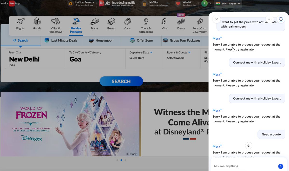 satheeshilu's tweet photo. This is the state of Business when outsourcing customer bookings to AI Bots without proper testing. Disastrous experience at @makemytrip . Tried calling, says to go to website, it does not work. It is a vicious loop, customer journey broken #fail #aiservice #customerservicefail https://t.co/YTqdSJIOmF