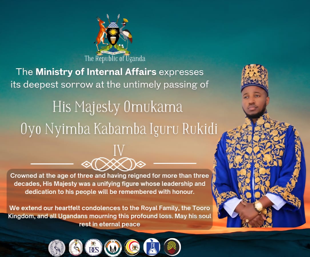 mia_uga's tweet photo. We express our deepest sorrow at the untimely passing of His Majesty King Oyo Nyimba Kabamba Iguru Rukidi IV, the Omukama of Tooro.

 His Majesty was a unifying figure whose leadership and dedication to his people will be remembered with honour.
#RIPKingOyo https://t.co/gPGUJDCsMQ