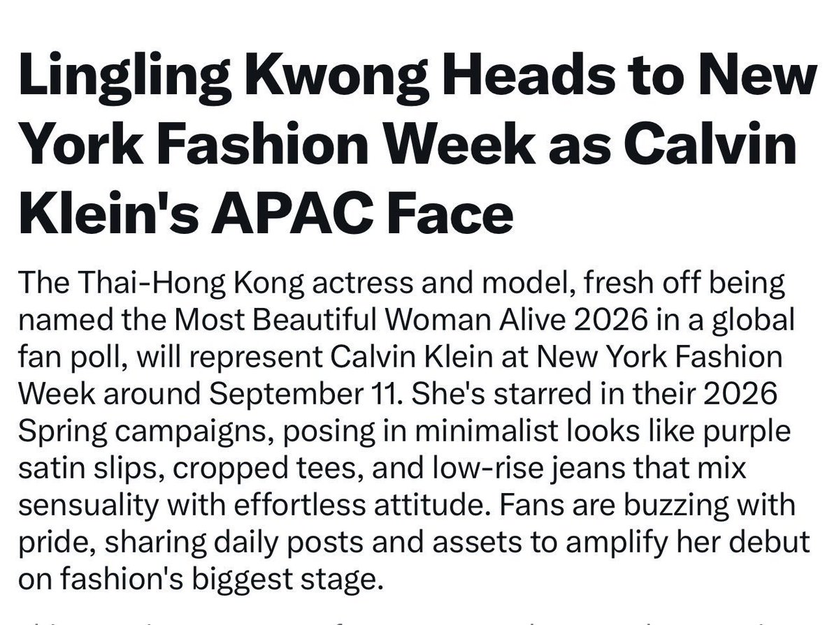 Hanes_00K's tweet photo. Ling is set to attend NYFW as CK’s APAC Face, marking exciting milestone in her international fashion journey. From fronting @CalvinKleins’s 2026 campaigns to representing brand in NY, her global presence continues to grow✨

#KwongLinglingAPACFaceOfCK
#LinglingKwong #หลิงหลิงคอง https://t.co/qppuBSTKAC