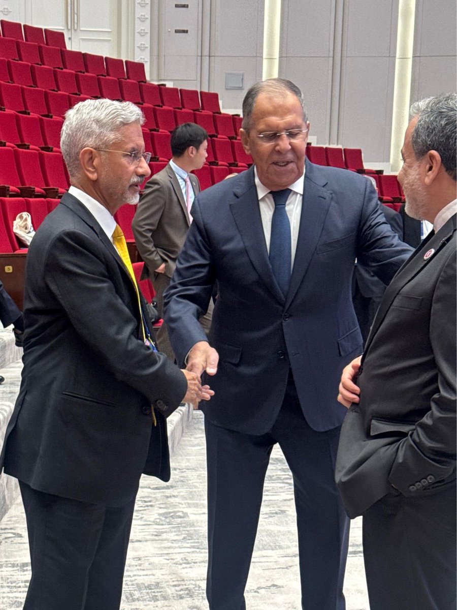 DrSJaishankar's tweet photo. A quick catch-up with FM @araghchi of Iran and FM Sergey Lavrov of Russia on sidelines of SCO Summit 2026. https://t.co/pOaZ43mjoN