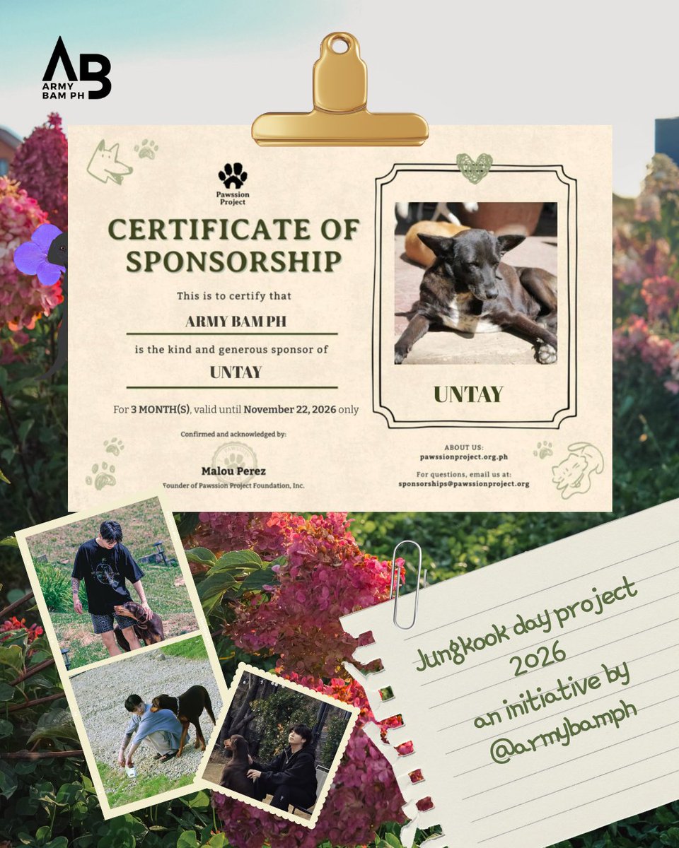 ArmyBamph's tweet photo. “A dog is the only thing on earth that loves you more than you love yourself.” – Josh Billings

Sharing with you our Certificate of Sponsorship from Pawssion Project. 

No matter the amount, let’s contribute to our local animal rescue community.🐶💜

#Happy_JK_DAY #정국 #JungKook #HAPPYJKDAY #ArmyBamPH