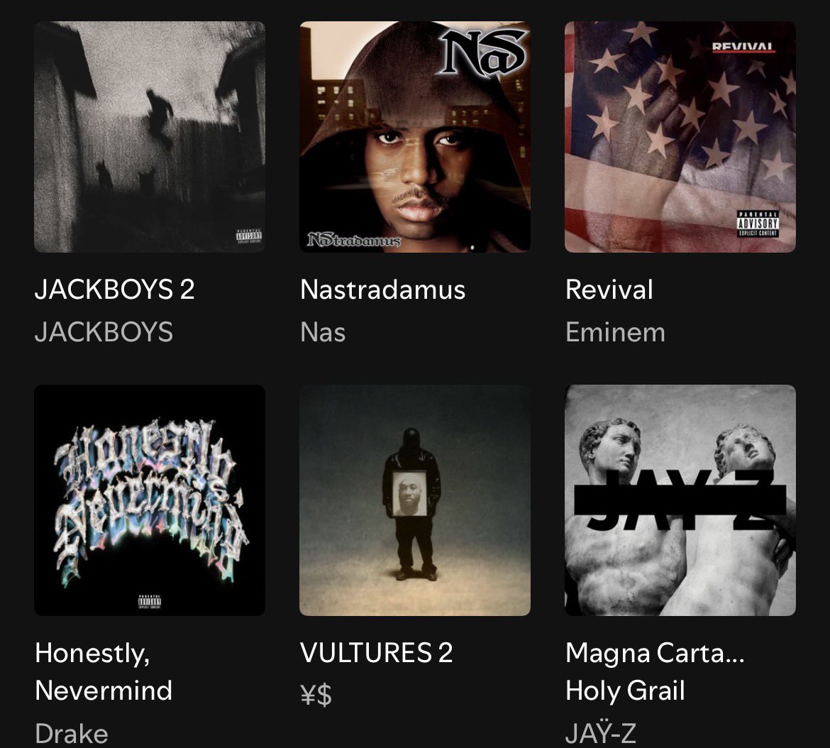 mis__educated's tweet photo. Leaving bias completely out of it

 Which album here is genuinely the best, and which one is the absolute worst?

For me 
the best    Magna Carta Holy Grail
Worst.        VULTURES 2 https://t.co/uuKdCjIqGA
