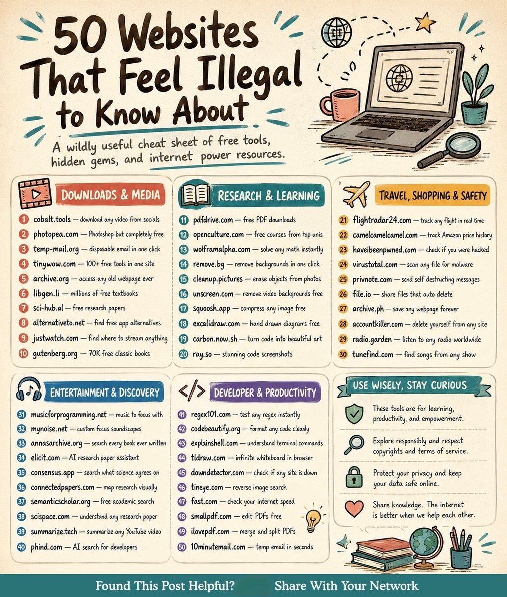 hey_Jessicaai's tweet photo. 50 Websites that feel illegal to know:

DOWNLOADS & MEDIA
1. https://t.co/YxE3ex0Ptc — download any video from socials
2. https://t.co/tONAhyNEkd — Photoshop but completely free
3. https://t.co/H7BA9nQPiO — disposable email in one click
4. https://t.co/TTry4S4JeP — 100+ free tools in one site
5. https://t.co/AxARkUPaBG — access any old webpage ever
6. https://t.co/uzax0E8cDq — millions of free textbooks
7. https://t.co/BEzcuVx8tP — free research papers
8. https://t.co/cWqJvxtEwz — find free app alternatives
9. https://t.co/R1msGvVu1s — find where to stream anything
10. https://t.co/AsxszoW83n — 70K free classic books

RESEARCH & LEARNING
11. https://t.co/Se8eToAjEA — free PDF downloads
12. https://t.co/Xn1o2EGxTl — free courses from top unis
13. https://t.co/yTqnBukE7r — solve any math instantly
14. https://t.co/lovaW7fbvj — remove backgrounds in one click
15. https://t.co/kpyF1pw7MV — erase objects from photos
16. https://t.co/oIBrME4lm4 — remove video backgrounds free
17. https://t.co/ZAZSiyV0zR — compress any image free
18. https://t.co/8kZPCtTdp5 — hand draw diagrams free
19. https://t.co/5oWV7vVRyi — turn code into beautiful art
20. https://t.co/K7tsY9Eoop — stunning code screenshots

TRAVEL, SHOPPING & SAFETY
21. https://t.co/FECcgsll6D — track any flight in real time
22. https://t.co/q4Nzl7xSPO — track Amazon price history
23. https://t.co/2xKTuGif1I — check if you were hacked
24. https://t.co/izQizkRpir — scan any file for malware
25. https://t.co/0TUg3WCMdF — send self destructing messages
26. https://t.co/SMnYTxpUpK — share files that auto delete
27. https://t.co/O79StO1pCa — save any webpage forever
28. https://t.co/2ssK3Gubz0 — delete yourself from any site
29. https://t.co/i0xNoV0GcJ — listen to any radio worldwide
30. https://t.co/x1wrq7MPgN — find songs from any show

ENTERTAINMENT & DISCOVERY
31. https://t.co/FXl3tTHOr4 — music to focus with
32. https://t.co/rjiP4vjEuI — custom focus soundscapes
33. https://t.co/lK4CtNhjCI — search every book ever written
34. https://t.co/s3ZgZwlDh1 — AI research paper assistant
35. https://t.co/OeqMYRZy9F — search what science agrees on
36. https://t.co/7LclhetRT8 — map research visually
37. https://t.co/SOFHvQ1GxU — free academic search
38. https://t.co/YKRTzcDNT7 — understand any research paper
39. https://t.co/W62FLQ1rNd — summarize any YouTube video
40. https://t.co/Dz3vABh93b — AI search for developers

DEVELOPER & PRODUCTIVITY
41. https://t.co/sJ1fcFuqy8 — test any regex instantly
42. https://t.co/uME0Jz6y4G — format any code cleanly
43. https://t.co/Z142ulPN1W — understand terminal commands
44. https://t.co/Ef9BaPApzj — infinite whiteboard in browser
45. https://t.co/SgGfvnA87B — check if any site is down
46. https://t.co/IJTffr42UV — reverse image search
47. https://t.co/8zR8I284C1 — check your internet speed
48. https://t.co/DOPzeVMkf5 — edit PDFs free
49. https://t.co/9TziFrgcNc — merge and split PDFs
50. https://t.co/uCMJoNizcr — temp email in seconds

Follow me  for more AI IDEA..🔖