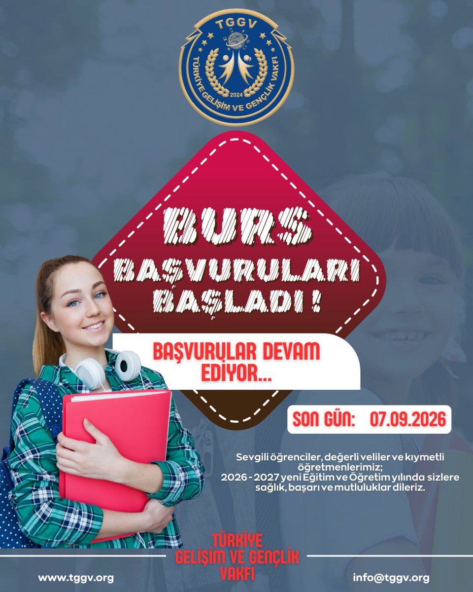 tggv_org's tweet photo. 🚀 2026 – 2027 Yılı Eğitim ve Öğretim Yılı Burs Başvuruları Başladı!
TÜRKİYE Gelişim ve Gençlik Vakfı olarak, öğrencilerimizin eğitim hayatlarına katkı sağlamak ve akademik gelişimlerini desteklemek amacıyla 2026–2027 Eğitim ve Öğretim yılı burs başvurularını başlatmış bulunuyoruz.

🎓​Eğitimine devam eden ve burs şartlarını taşıyan öğrencilerimiz, başvurularını belirtilen tarihler arasında online olarak yenilemesi gerekmektedir. İlk kez başvuracak genç Bursiyer adaylarımız ise https://t.co/UJBXdLdPDz internet sayfamızda bulunan Başvurular- Burs Başvurusu Yap sekmesi üzerinden gerçekleştirebilir. Başvuruların ıslak imzalı ve eksiksiz bir şekilde tamamlanması gerekmektedir.

✨​Eğitime hep destek! Tam Destek! Anlayışıyla çıktığımız bu yolda tüm öğrencilerimize Eğitim ve Öğretim hayatlarında başarılar diler, Burs programımızın tüm öğrencilerimize hayırlı olmasını temenni ederiz.

💙 TÜRKİYE Gelişim ve Gençlik Vakfı
Gençliğin İzinde…

📍 Kaynak: https://t.co/GZj0I1YrTS

📽️​Kayıt Nasıl Yapılır?: https://t.co/wMLn2V7zBO

#tggv #burs #bursbaşvurusu #vakıf #yardım #Eğitim #Öğretim #EğitimveÖğretim #öğrenci #bursiyer #destek #türkiye #Türkiyegelişimvegençlikvakfı