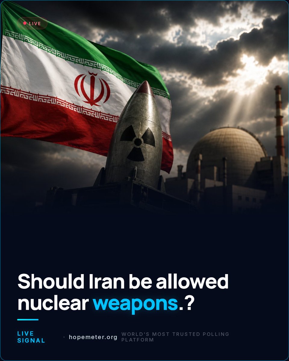 Hopemeter's tweet photo. Iran’s nuclear question has been one of the world’s most dangerous debates for decades.

For some, it is about national defense and sovereignty.

For others, it is about regional security, nuclear escalation, and global consequences.

So we asked the world:

Should Iran be allowed nuclear weapons?

People have already backed their position with $3,120.

Where do you stand ?

#Iran #NuclearWeapons #Geopolitics