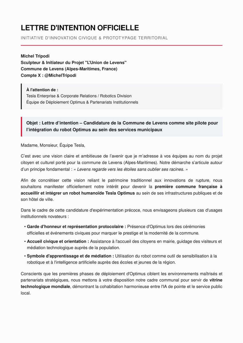 michel_tripodi's tweet photo. Sending our official Letter of Intent to @Tesla &amp; @ElonMusk! 📩
​Can Levens become the world's first municipality with a Tesla Optimus guard of honor? We are ready to serve as a pilot showcase for civic innovation. 🏛️🤖
​#Tesla #Optimus #AI #Levens #Robotics https://t.co/4Y3xfKRdvK