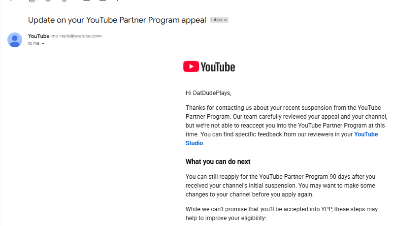 DatDudePlays's tweet photo. Hey @TeamYouTube I submitted my YPP Reused Content appeal video (https://t.co/m7d0dGbDuP), but it received no views and was rejected instantly. Could a human agent please double-check my channel state? https://t.co/LFWsMqjVF2