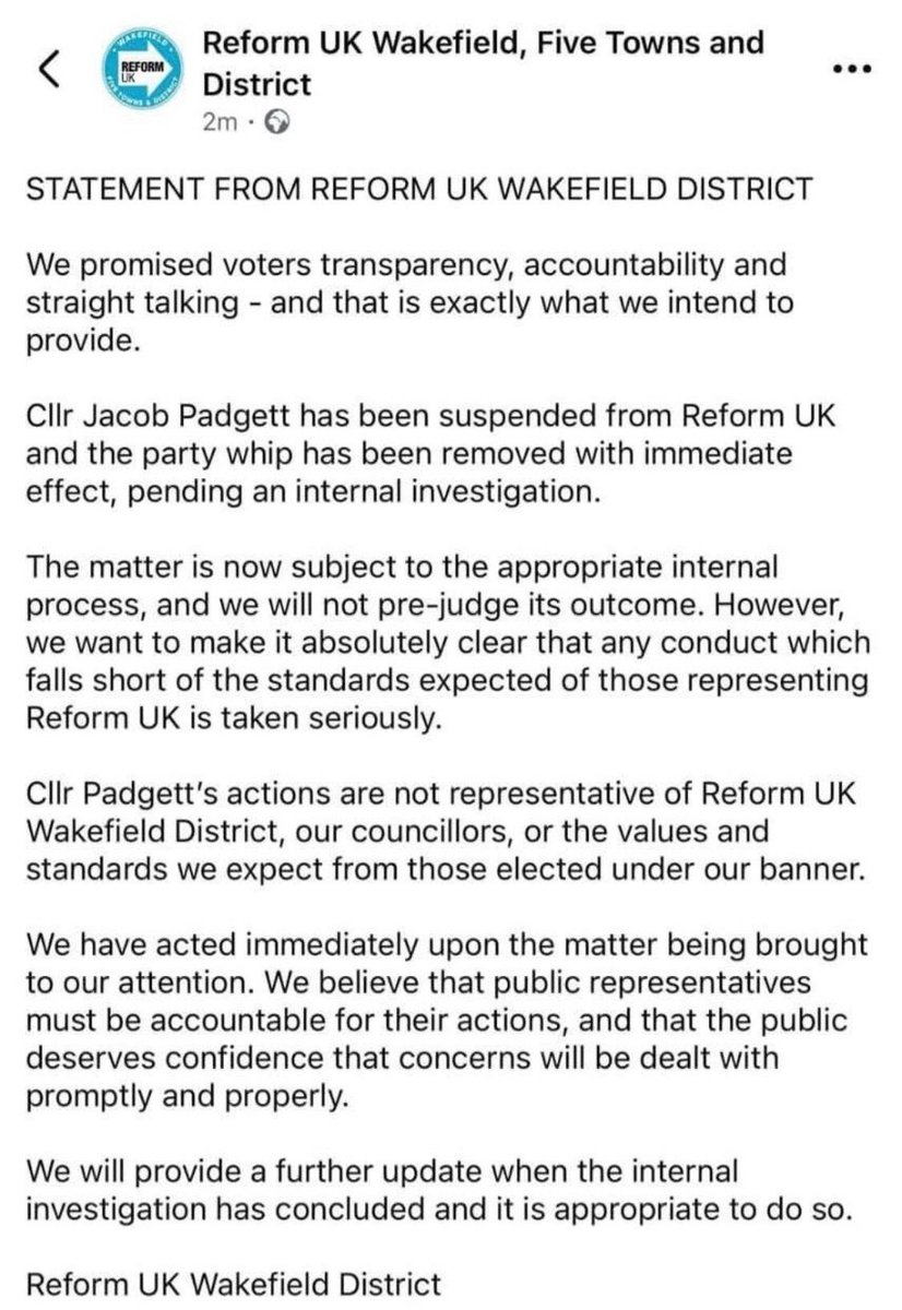 TweetTheBeacon's tweet photo. 🚨NEW: Reform Wakefield Councillor Jacob Padget has been suspended, after backlash from a graphic he posted on Facebook referring to women who have had abortions as “mothers who murder their children” https://t.co/0i5yZ7pkFY