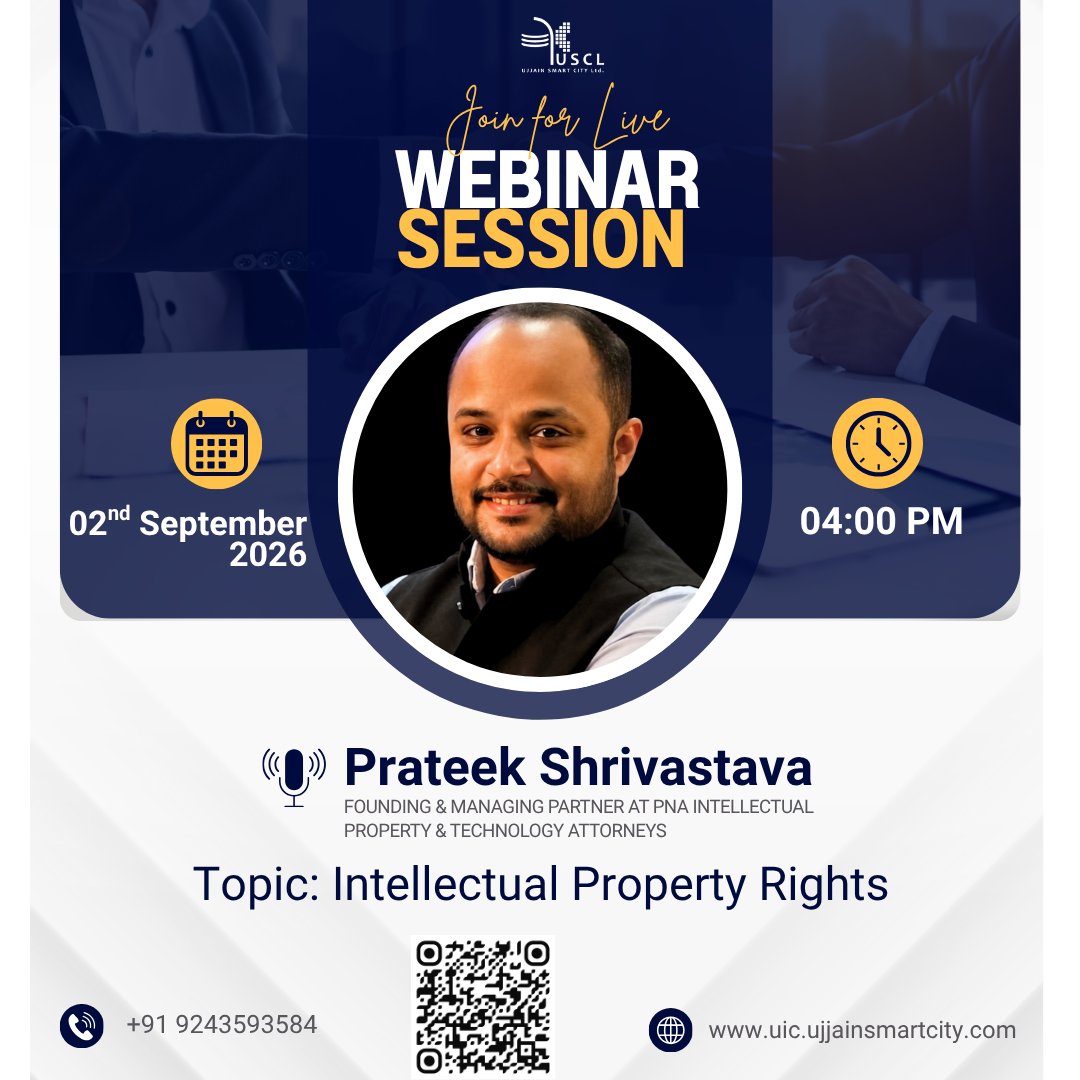 UCenter70249's tweet photo. Join us for an insightful live webinar on Intellectual Property Rights (IPR) with Prateek Shrivastava, Founding &amp; Managing Partner at PNA Intellectual Property &amp; Technology Attorneys.

#Ujjainincubationcenter #Ujjainsmartcity #incubationmasters #StartupsinMP https://t.co/qt9pSDczJZ