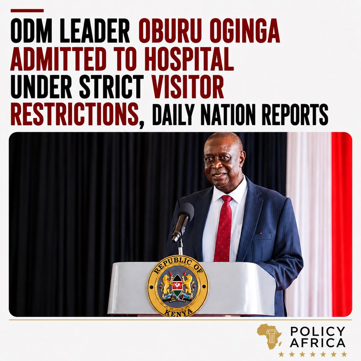 PolicyAfrika's tweet photo. Siaya Senator and ODM party leader Dr Oburu Oginga has been admitted to hospital after remaining out of the public eye. His doctors and hospital management have reportedly imposed strict visitor restrictions, permitting access only to his immediate family. https://t.co/8FpXAarlCu