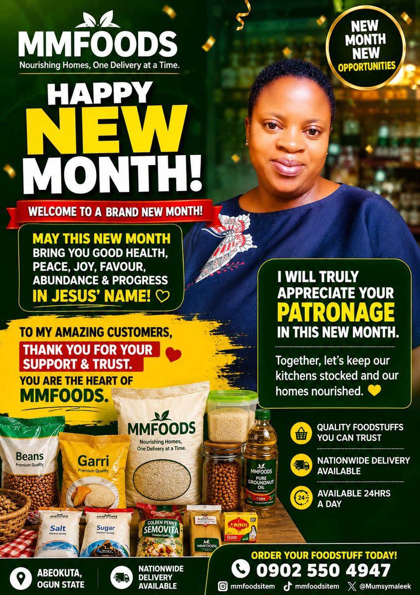 mumsymaleek's tweet photo. Happy New Month to you all. 

MMFOODS is Active,💯
Foodstuff is Available 📌
Dm is open 24/7...

Send in your order Now!!!👍😘

#Vendorena #FoodstuffPlug https://t.co/GqVQzSCDz2