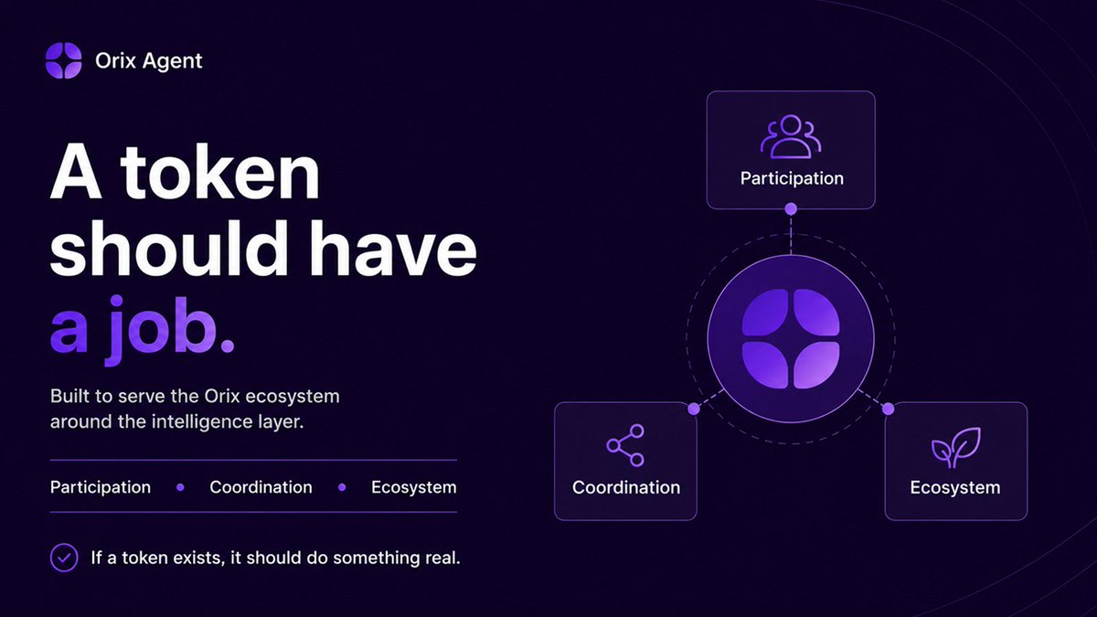 OrixAgent's tweet photo. A token should have a job.

Not just a chart.
Not just a ticker.
Not just something that exists beside the product.

For Orix, the token is being built to serve the ecosystem around the intelligence layer we’ve been building.

It should deepen participation, strengthen coordination, and connect the network around Orix more directly.

More on that soon.

But the principle is simple:

if a token exists, it should do something real.