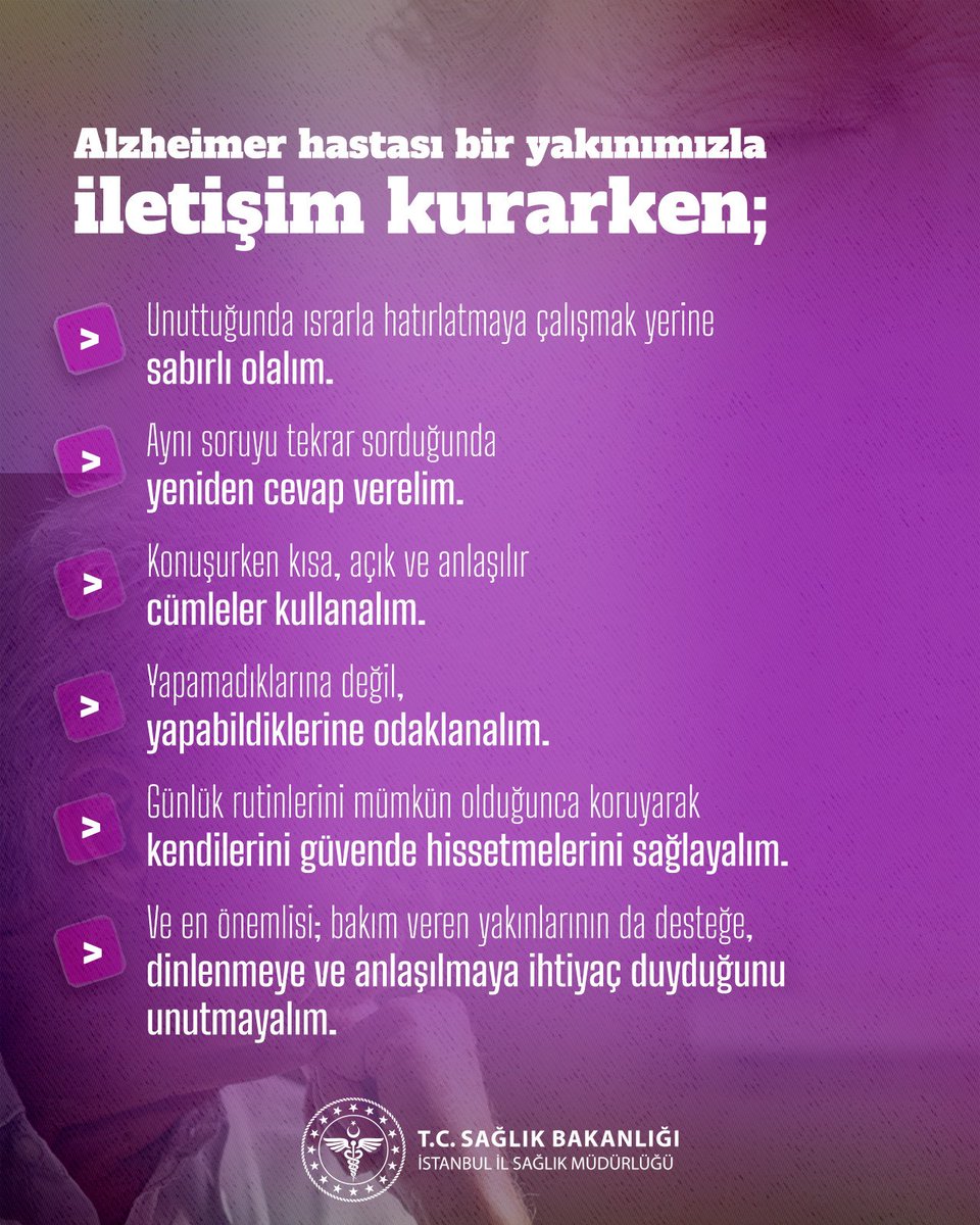 ismgovtr's tweet photo. Alzheimer, hafızadan başlayarak zihinsel işlevleri zamanla etkileyen ve günlük yaşamı zorlaştıran ilerleyici bir hastalıktır.

#DünyaAlzheimerAyı https://t.co/CjpcBL4Auj