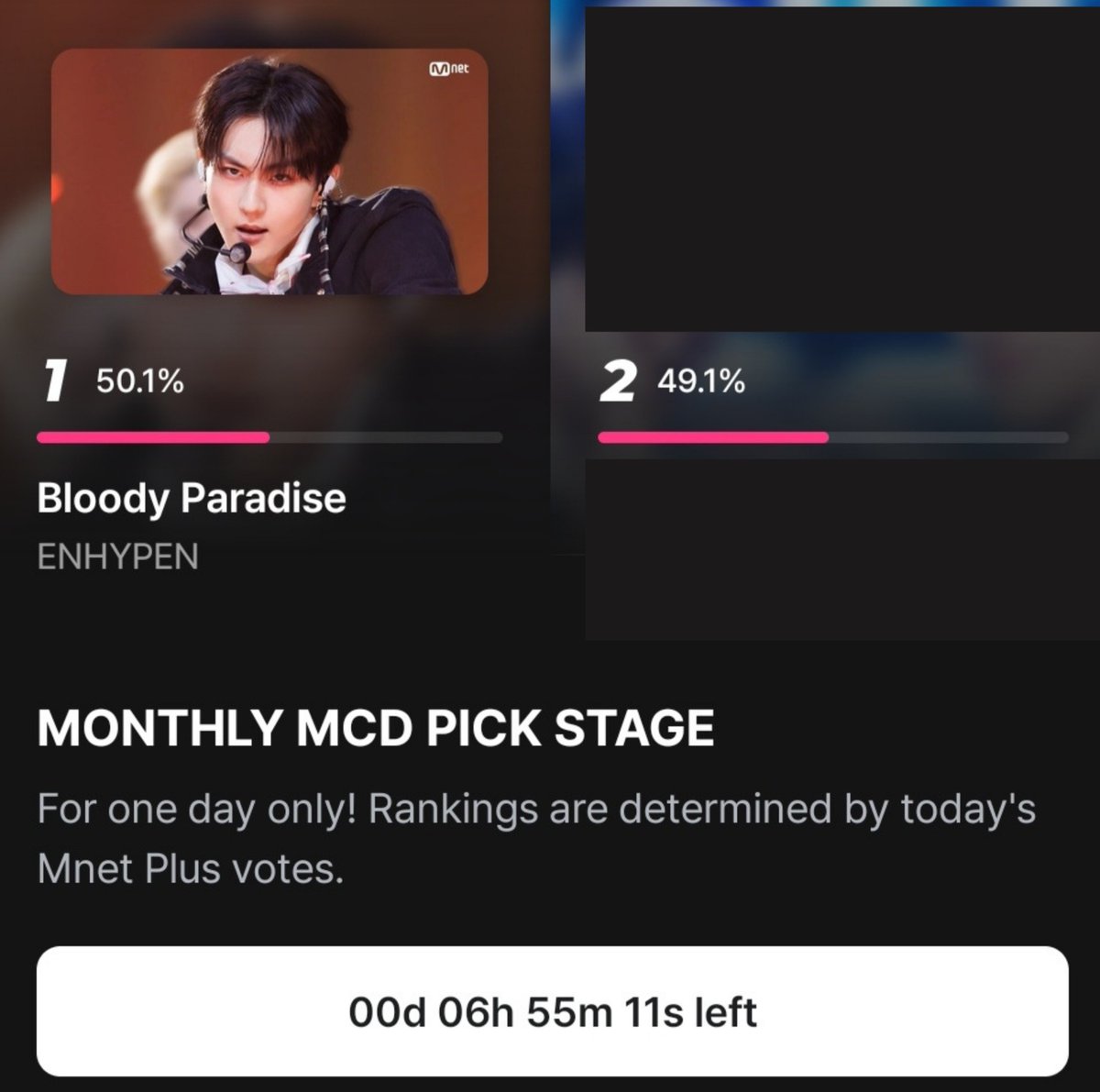encodevt's tweet photo. [MNET PLUS] — MONTHLY MCD PICK
Update as of 5:10 PM KST

#ENHYPEN 🥇: 50.1%
Gap from 🥈: 1% 🚨

🗓️TODAY 23:59 KST
• ONE DAY ONLY‼️
• 1st place artist will become eligible for 2026 MAMA AWARDS nomination!
🔗https://t.co/rztMBO6u1F

@ENHYPEN #THE_SIN_BLISS https://t.co/QEqgAKlK9f