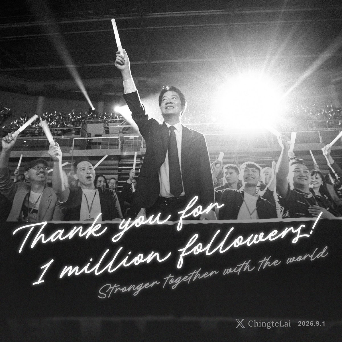 ChingteLai's tweet photo. 1 million followers! This milestone is all thanks to our friends around the world who stand with #Taiwan. With such enduring support for Taiwan's freedom, we remain deeply committed to safeguarding regional peace &amp; contributing even more to the world. https://t.co/obTW6LnY2m