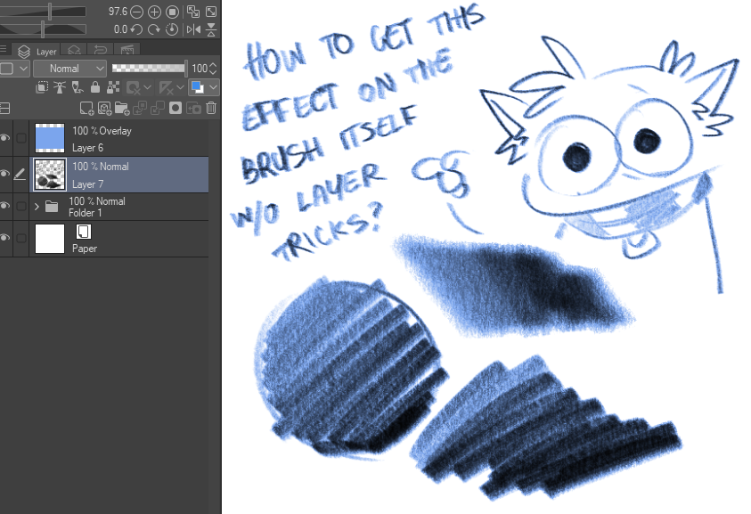 frog_e_box's tweet photo. Any CSP masters around to help? This trick works on Procreate by simply editing the brush to multiply mode but I can't get it t behave the same on Clip Studio... https://t.co/zW9jP9KVcJ