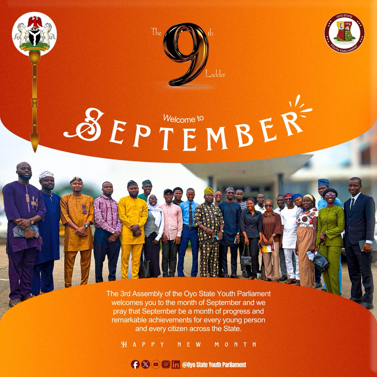 OyoParliament's tweet photo. The 3rd Assembly of the Oyo State Youth Parliament welcomes every youth and citizen of Oyo State to the 9th ladder of 2026. May September be a month of progress and remarkable achievements for every young person across the State.

Happy New Month! https://t.co/ORev8ee2Uy