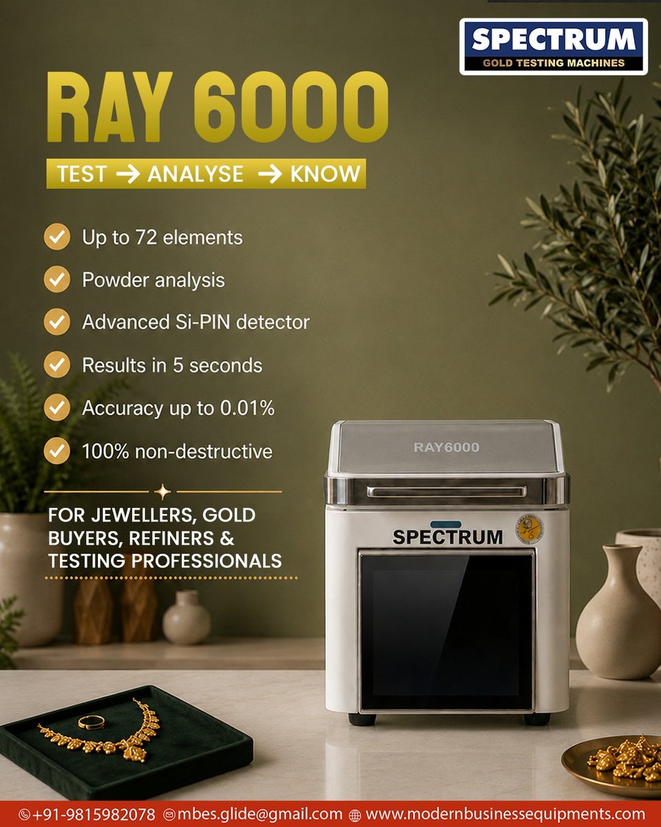 SpectrumXrf's tweet photo. ✨ Precision That Protects Your Gold! 💎🔍
Spectrum RAY 6000 delivers 100% accurate and safe testing—without causing any damage to your sample!

✅ Results in 5 Seconds
✅ Accuracy up to 0.01%
✅ 100% Non-Destructive

🌐 https://t.co/0IowwChu2x

#SpectrumGoldTesting #RAY6000 https://t.co/LRcOF5uk1r