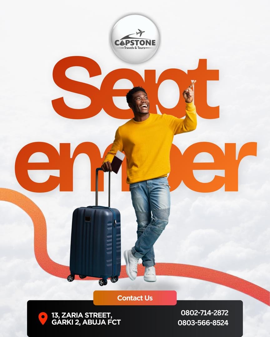 CapstoneTravelz's tweet photo. September is here! ✈️🌍

May this month open new doors, take you to new places, and bring you closer to the journeys you’ve been dreaming of.

Happy New Month from all of us at Capstone Travels &amp; Tours Ltd. 💙 https://t.co/RrfZStCrKr