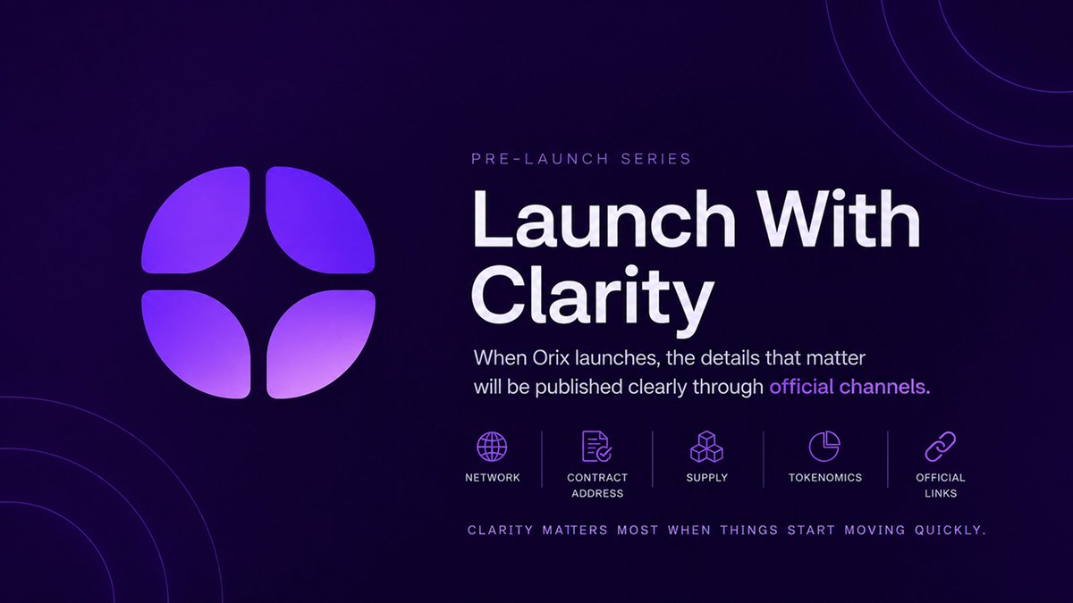 OrixAgent's tweet photo. Launches move fast.

Official information shouldn’t be hard to verify.

When Orix enters its token launch phase, the details that matter will be published clearly through our official channels:

network, contract address, supply, launch venue, and the links you need to verify them.

No guessing.
No hidden details.
No unofficial contract addresses.

Clarity matters most when things start moving quickly.

Launch with clarity.