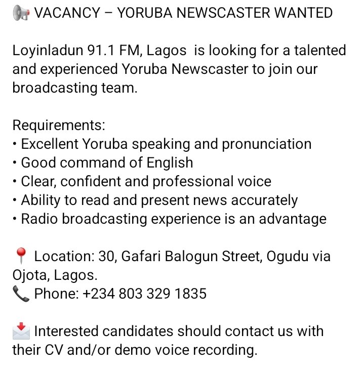 tohire_ng's tweet photo. Yoruba Newscaster needed! https://t.co/u3DUgvxlpl