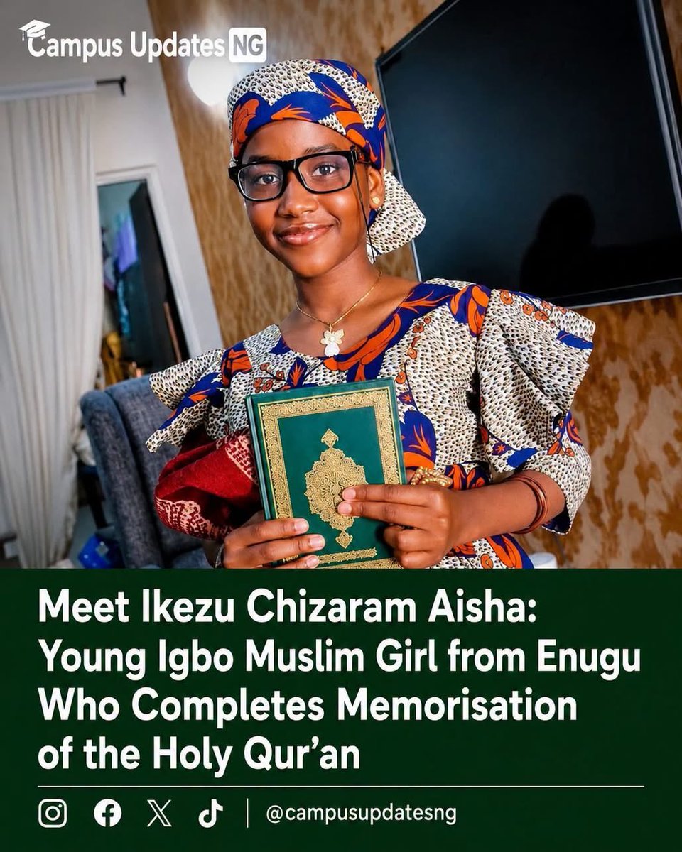 Miss_Halimatu's tweet photo. Meet Ikezu Chizaram Aisha: Young Igbo Muslim Girl from Enugu Who Completes Memorisation of the Holy Qur’an 📖❤️

Ikezu Chizaram Aisha, a young Igbo Muslim girl from Achi in Oji River Local Government Area of Enugu State, has successfully completed the memorisation of the Holy Qur’an. 📖❤️

Her achievement has been celebrated as a remarkable milestone, with reports describing her as reportedly the first Muslim girl from Achi to complete Qur’an memorisation.

Aisha’s accomplishment reflects her dedication, discipline and perseverance in pursuing Islamic knowledge. Her achievement has also drawn praise from well-wishers, who see her as an inspiration to other young Muslims.

Masha Allah! 🤲🏽📖❤️

May Allah preserve the Qur’an in her heart, make her knowledge beneficial, increase her in wisdom and grant her even greater success in this life and the Hereafter. Ameen.