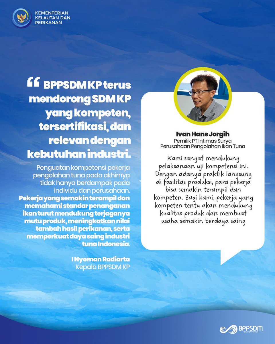 bpmkp_bwi's tweet photo. Dengan kompetensi yang terukur dan diakui, pekerja semakin siap menghasilkan produk perikanan berkualitas serta berkontribusi dalam memperkuat daya saing industri tuna Indonesia

#KKPGOID #SaktiWahyuTrenggono #SDMKP #SertifikasiKP #PelatihanKP https://t.co/Vdy3FeD4v1
