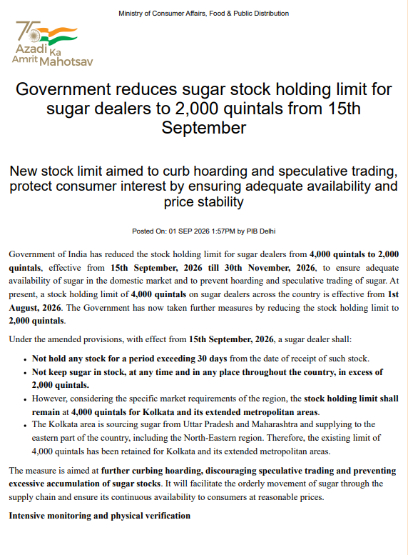 CNBCTV18Live's tweet photo. #JustIn | Govt reduces the #StockHolding limit for #sugar dealers from 4,000 quintals to 2,000 quintals, effective from September 15, 2026 till November 30, 2026 https://t.co/jwwJoAvYNo