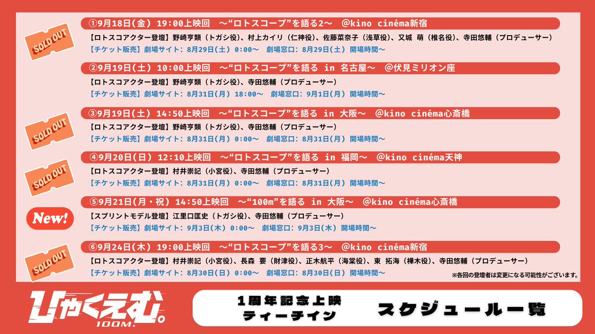 hyakuemu_anime's tweet photo. #ひゃくえむ。1周年記念リバイバル上映✨
ー極上の10秒を味わってくださいー

ご好評につき、
大阪での追加ティーチイン＆サイン会が開催決定‼️

今回はトガシのスプリントモデル：
江里口匡史さんにご登壇いただきます🏃💨

🎥キノシネマ心斎橋
日時：9/21(月・祝) 14:50の回 上映終了後
登壇：江里口匡史（トガシ役 スプリントモデル）、寺田悠輔（プロデューサー）
チケット販売：9/3(木) 0:00〜
https://t.co/1sqJYfphte

※サイン会の詳細（参加方法・対象商品等）は近日中に発表します📢

#9月18日リバイバル公開

🏃🏻Blu-ray＆DVD 好評発売中！
https://t.co/YMVLLsOpWg