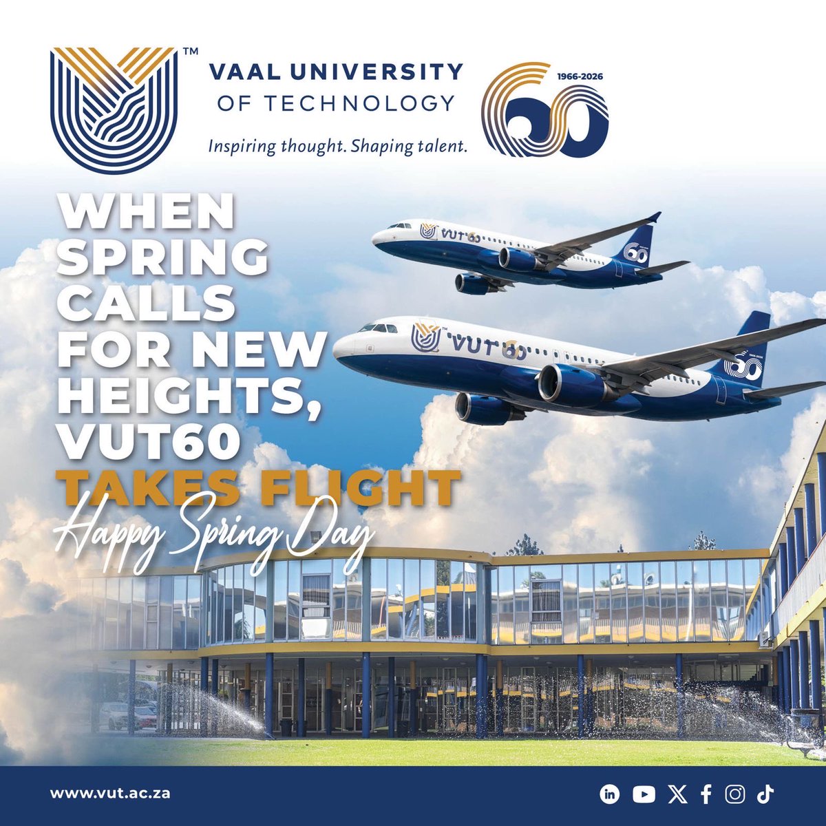 VUT_Online's tweet photo. Spring is here, and VUT60 is taking flight! πΌβοΈ
A season of renewal, growth and fresh possibilities. Hereβs to new beginnings, bold ambitions and a future ready for take-off.
Happy Spring Day from VUT! π±β¨
#VUT60 #HappySpringDay #InspiringThoughtShapingTalent https://t.co/K8hg04w3b2