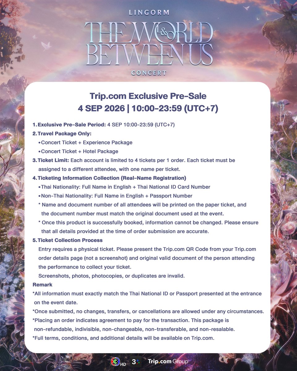 trip_event's tweet photo. 🎉 Exclusive Pre-Sale for LINGORM Thailand Concert is HERE!
💜 LINGORM ‘THE WORLD BETWEEN US’ CONCERT

⏰ https://t.co/lRzKEE2bXb Exclusive Pre-Sale
September 4, 10:00~23:59 (UTC+7)

🎫 Travel Package Only
Concert Ticket + Premium Experience Package
Concert Ticket + Selected Hotel Package

📅 Show Dates: Saturday, Oct 17 & Sunday, Oct 18, 2026
📍 Venue: Impact Arena, Muang Thong Thani

👉 Click https://t.co/LP6LguRXJr to book in advance!

#LingOrm #LingLingKwong #OrmKornnaphat
#LINGORMCONCERT