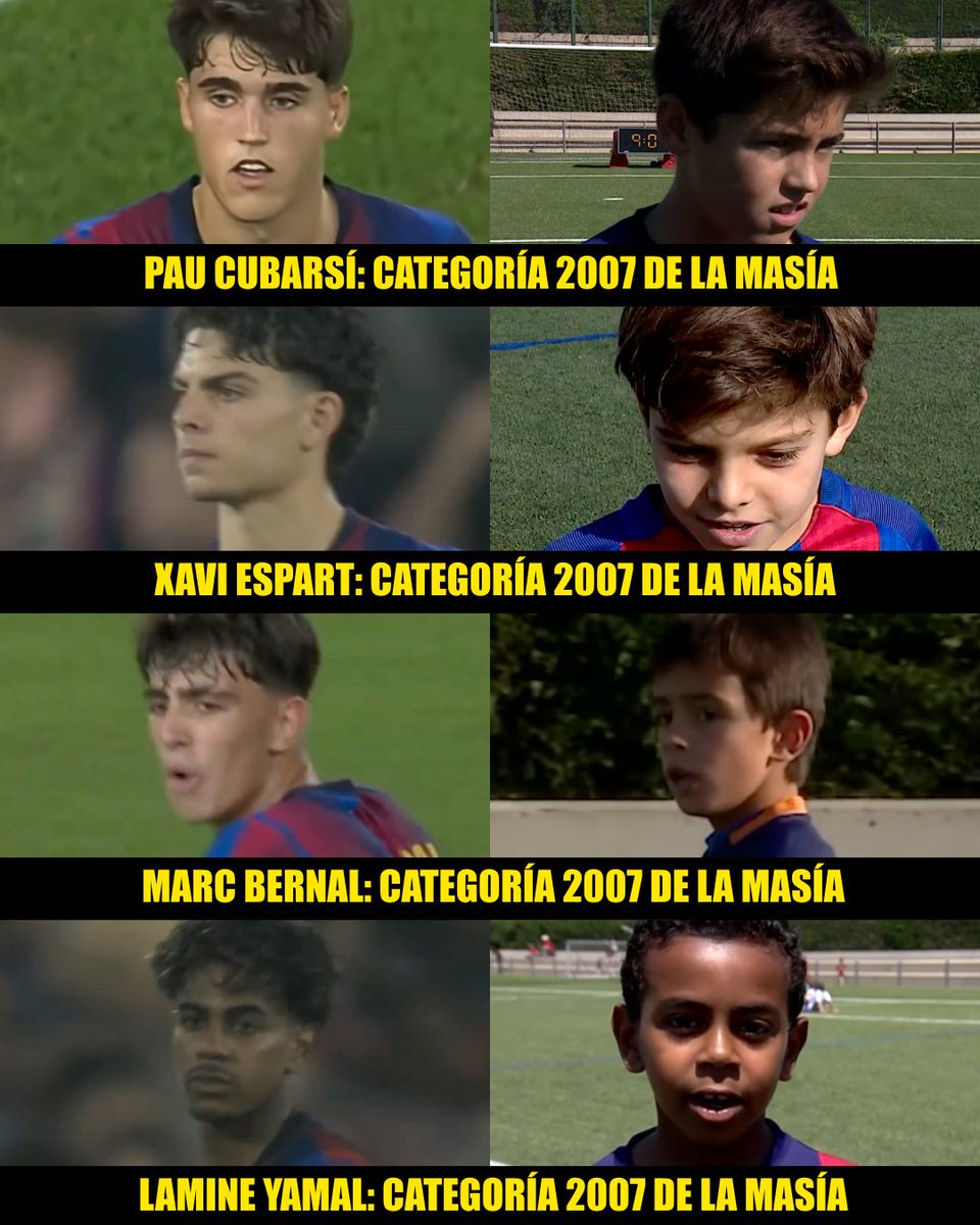 InvictosSomos's tweet photo. ¡¡LA GLORIOSA CATEGORÍA 2007 DE LA MASÍA!!

➤ Pau Cubarsí: nacido en enero de 2007. 
➤ Xavi Espart: nacido en mayo de 2007. 
➤ Marc Bernal: nacido en mayo de 2007. 
➤ Lamine Yamal: nacido en julio de 2007.  

Los 4 son de la misma categoría. Los 4 se formaron en La Masía desde niños. Los 4 debutaron siendo juveniles. Y los 4 ya están brillando en el primer equipo del FC Barcelona. 

¡Ah! Y Lamine Yamal y Pau Cubarsí ya son campeones del mundo y ya son estrellas en el planeta fútbol. 

COSAS DE LA MEJOR CANTERA QUE EXISTE.