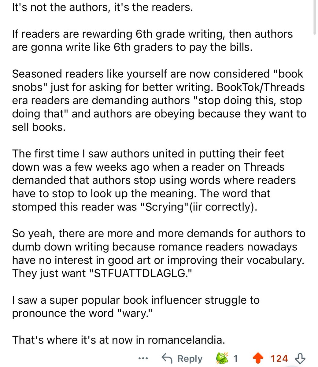 markruffaloTD's tweet photo. Someone asked why we don’t have good prose in romance books anymore and I haven’t liked a comment this fast in my life. If we deal with mediocrity then we’re rewarded with mediocrity. Also the reason I started reading histroms years ago because the writing is so much better https://t.co/5J9FHrfv2n