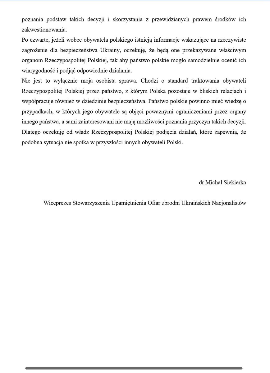 lkwarzecha's tweet photo. W niedzielę dr Michał Siekierka, pracownik naukowy IPN i wiceprezes Stowarzyszenia Upamiętniania Ofiar Zbrodni Ukraińskich Nacjonalistów został wyproszony z autokaru, którym wraz z większą grupą jechał na uroczystości pogrzebowe ofiar ukraińskiej zbrodni w Ostrówkach. Poinformowano go, że został jeszcze w 2023 r. (!) umieszczony przez SBU na liście osób z zakazem wjazdu na terytorium Ukrainy. 
Czy będzie jakaś reakcja polskiego państwa? Czy tradycyjnie udajemy, że nic się nie dzieje, a głównym problemem jest "brunatnienie Polski"?
Na zrzutach oświadczenie dr. Siekierki.