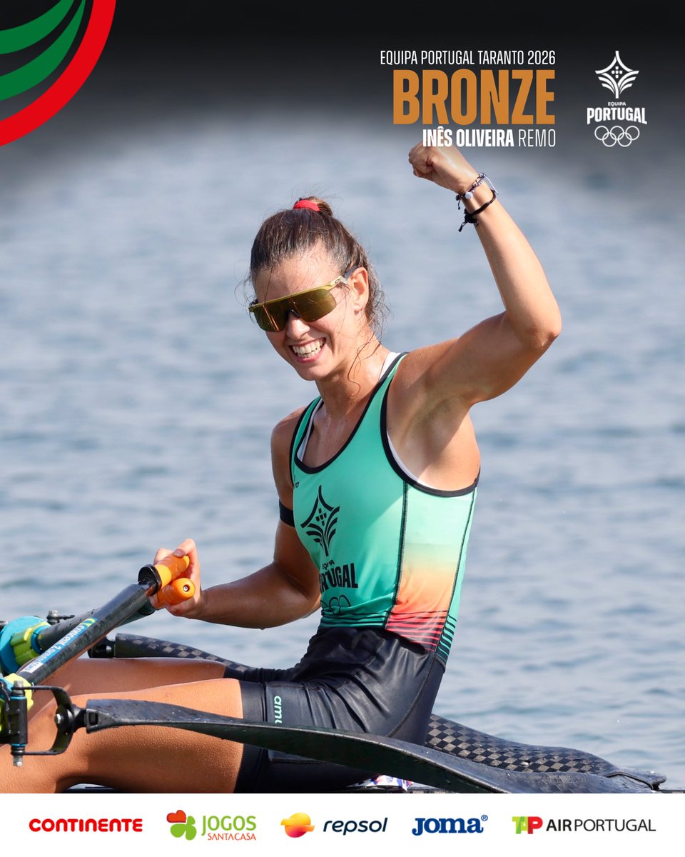 COPPORTUGAL's tweet photo. Inês Oliveira é de 𝗕𝗥𝗢𝗡𝗭𝗘 🥉🤩

O Remo junta-se ao medalheiro da Equipa Portugal com o bronze no Skiff ligeiro feminino 🙌

#EquipaPortugal #TA2026 https://t.co/E9KwRKmLZH