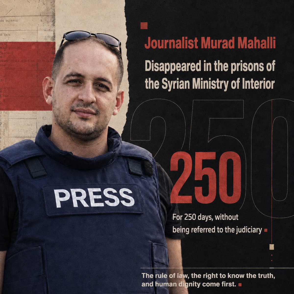 Milad_Alshehabi's tweet photo. 250 days have passed since journalist Murad Mahli was forcibly disappeared by the Syrian Ministry of Interior. His family is denied regular visits, his legal status remains unknown, and he has not been brought before the judiciary.

@syrianmoi https://t.co/12KLxfdd21