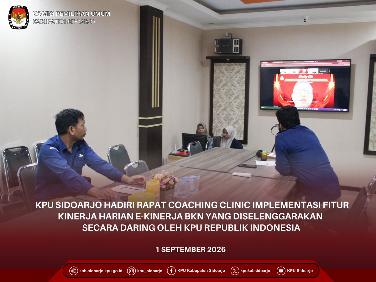 kpukabsidoarjo's tweet photo. Halo #TemanPemilih π
Mengawali #SelasaCeria, Komisi Pemilihan Umum (KPU) Kabupaten Sidoarjo menghadi kegiatan Coaching Clinic Implementasi Fitur Kinerja Harian pada aplikasi e-Kinerja Badan Kepegawaian Negara (BKN) yang diselenggarakan secara daring oleh KPU Republik Indonesia, https://t.co/Un9VDip2bk