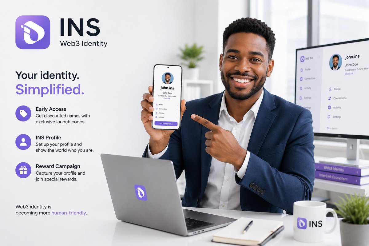 MaaruffT's tweet photo. INS is preparing to bring a simpler identity experience to the InterLink ecosystem.
During the early launch period, users will have an opportunity to purchase names at a discounted price using a code shared through the official INS X account.
And that’s not all. Users can set up their INS profile, capture their completed profile, and participate in an upcoming reward campaign.
Web3 identity is becoming more human-friendly. 🌐
#InterLink #ITLG #ITL