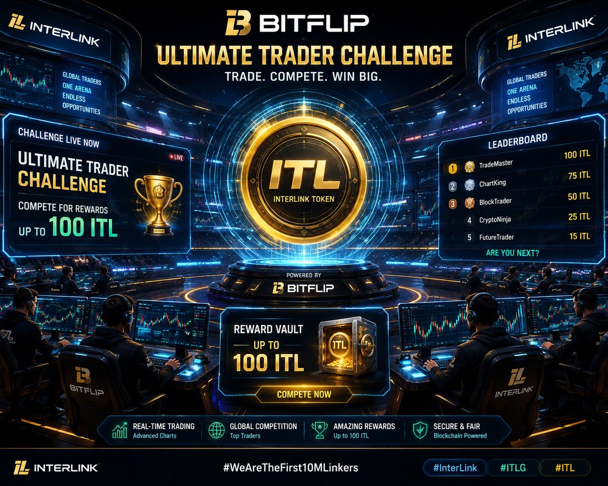 GoudaAjaykumar's tweet photo. Futuristic crypto trading arena powered by Bitflip, glowing ITL token at the center, multiple professional traders competing in an intense Ultimate Trader Challenge, digital trading charts rising dynamically, reward vault displaying up to 100 ITL,

 #InterLink #ITLG #ITL https://t.co/fQH3WL7ywd