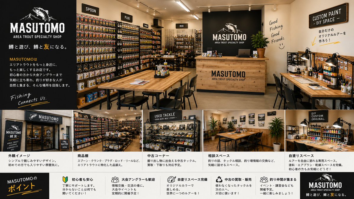 MASUTOMO_TROUT's tweet photo. 🎣皆さん、大きな反響ありがとうございます！✨
MASUTOMOは
SNS・EC → 移動販売 → 実店舗
の順で展開予定です！
ChatGPTでイメージ画像も作ってみました📸
「こんなお店が欲しい！」など、皆さんのアイデアをぜひ聞かせてください！
みんなで作るエリアトラウト専門店へ🎣
#MASUTOMO #鱒友 https://t.co/emqwAnk3KU