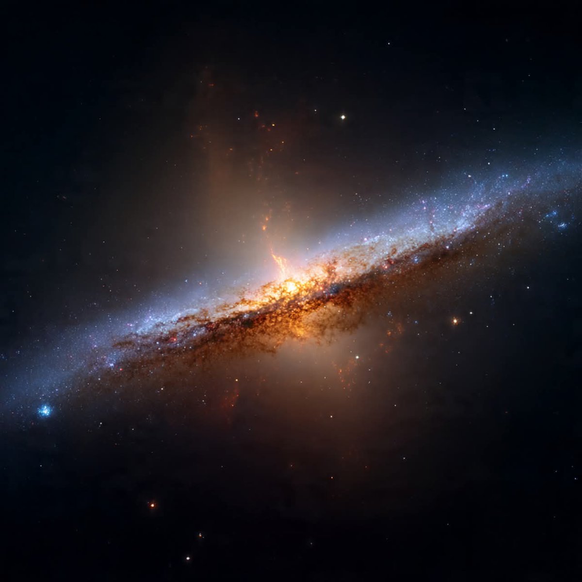 konstructivizm's tweet photo. NGC 5128, better known as Centaurus A, is one of the nearest giant galaxies to the Milky Way, lying about 12 million light-years away in the constellation Centaurus. Its unusual appearance is the lasting scar of a cosmic collision: a large elliptical galaxy that swallowed a smaller, gas-rich spiral.

The merger left a thick, warped lane of dust cutting across the bright stellar body. Ultraviolet images highlight the youngest, hottest stars that formed when the collision compressed gas along that dusty disk. Behind the dark filaments, the older yellow-orange glow of the original elliptical’s stars still shines through.

Centaurus A is also an active galaxy. A supermassive black hole at its center launches jets that stretch far beyond the optical disk and produce one of the brightest radio sources in the sky. Shells and streams in the outer halo are additional leftovers of the encounter, evidence that galaxies keep changing long after the main collision ends.

What looks like a single peculiar galaxy is therefore the aftermath of two systems becoming one.